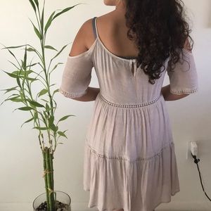 Cream of the shoulder dress with crochet design